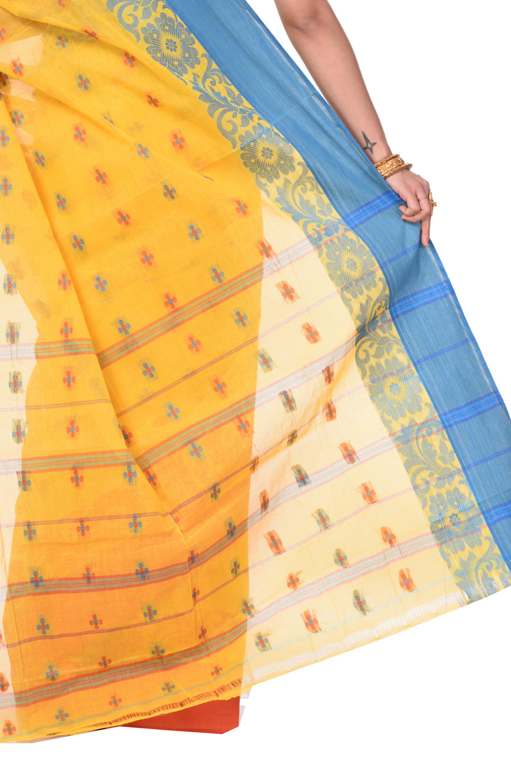 Yellow Pure Cotton Ganga Jamuna_Latapar Tant Saree (654)